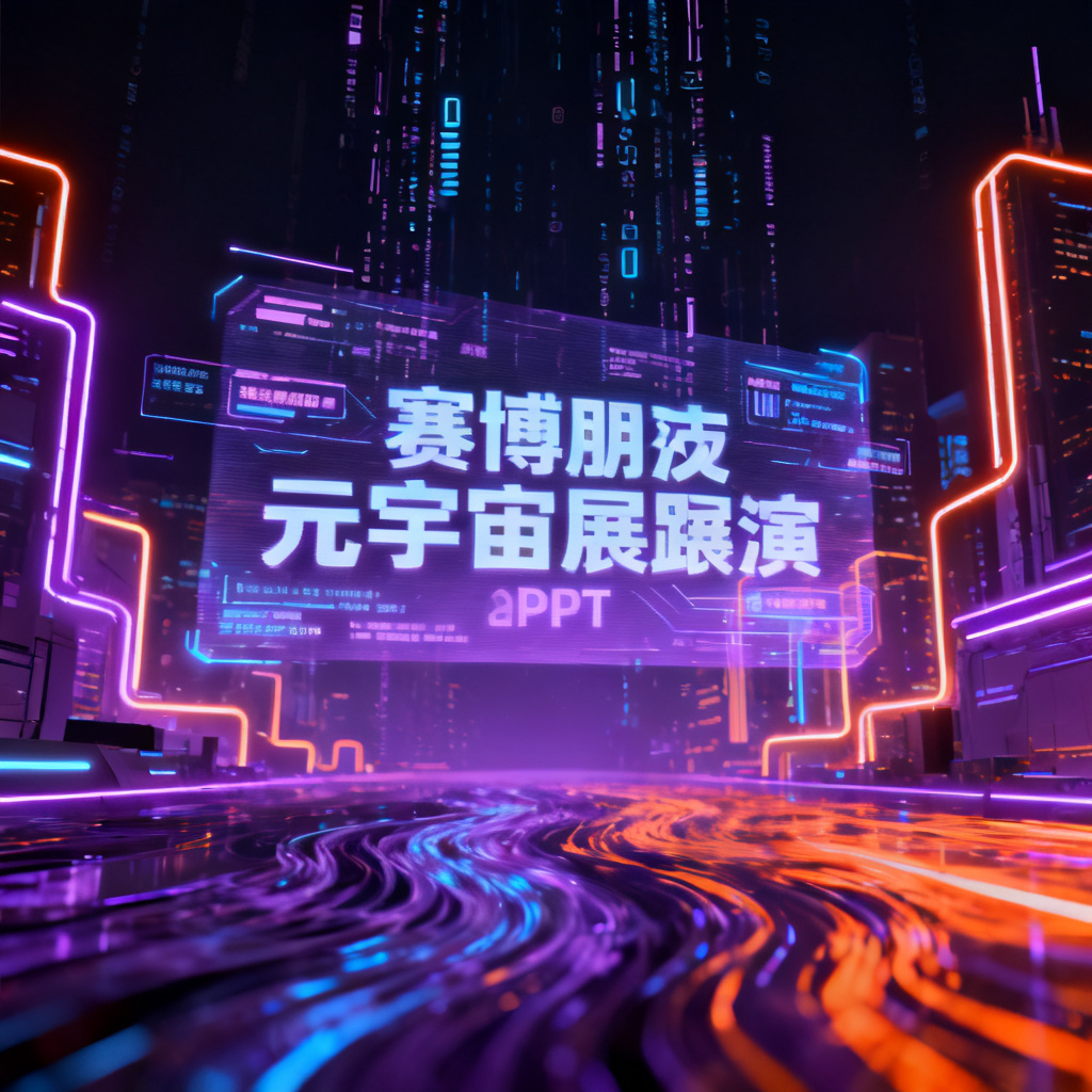 赛博朋克风格元宇宙路演PPT,霓虹灯管勾勒的未来城市轮廓,数据流在黑暗中流动,文字信息以全息投影形式悬浮于空中,光影层次丰富,整体色调以紫蓝与霓虹橙为主