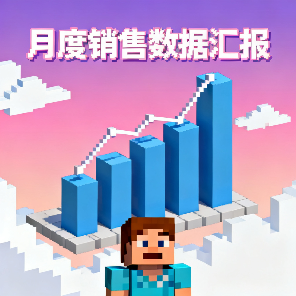 我的世界像素风格的月度销售数据汇报封面,以3D像素方块堆叠出柱状图与折线图的基本形态,背景为渐变的粉紫色天空与白色云朵,人物角色采用像素化造型,整体色彩明快清晰,版式规整,适合放置主标题,暖色调