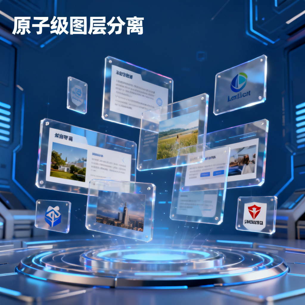 一个PPT页面分解为多个独立的透明图层，文字、图片、Logo分别悬浮在周围，呈现3D爆炸图效果，背景为科技感深蓝色，标注“原子级图层分离”