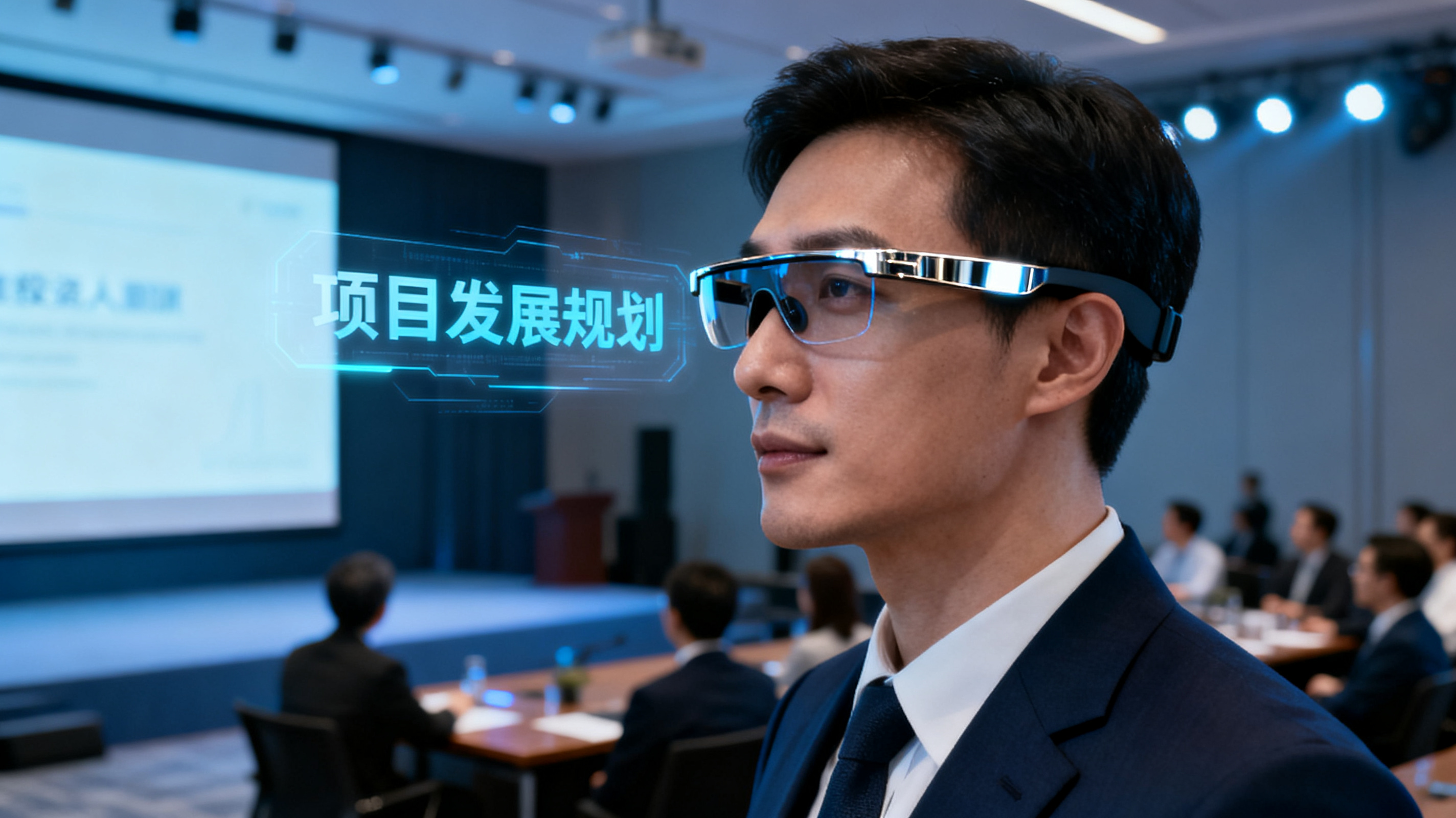商务人士佩戴 AI 智能眼镜,眼前浮现象演讲稿提词,背景是投资人路演场景