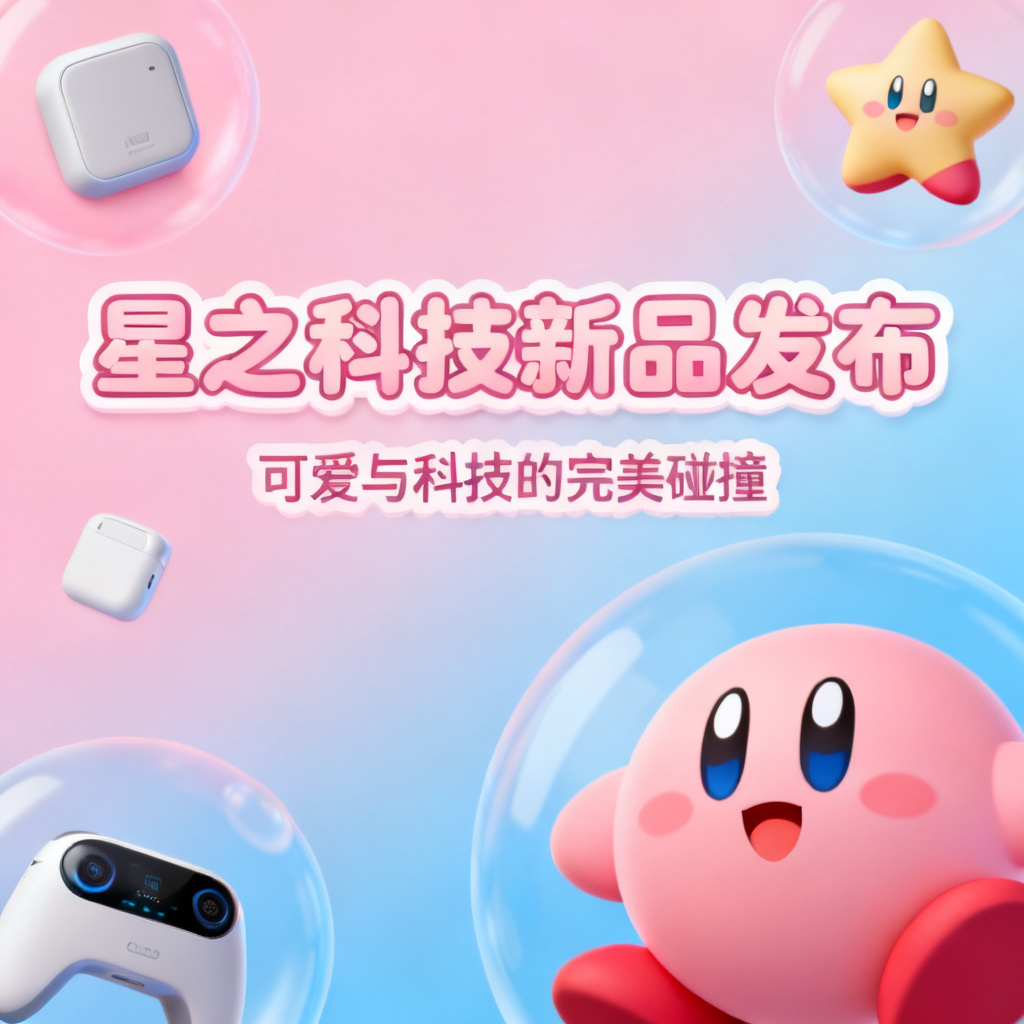 星之卡比风格的科技产品发布PPT，粉色与蓝色渐变，圆润元素，可爱与科技感融合