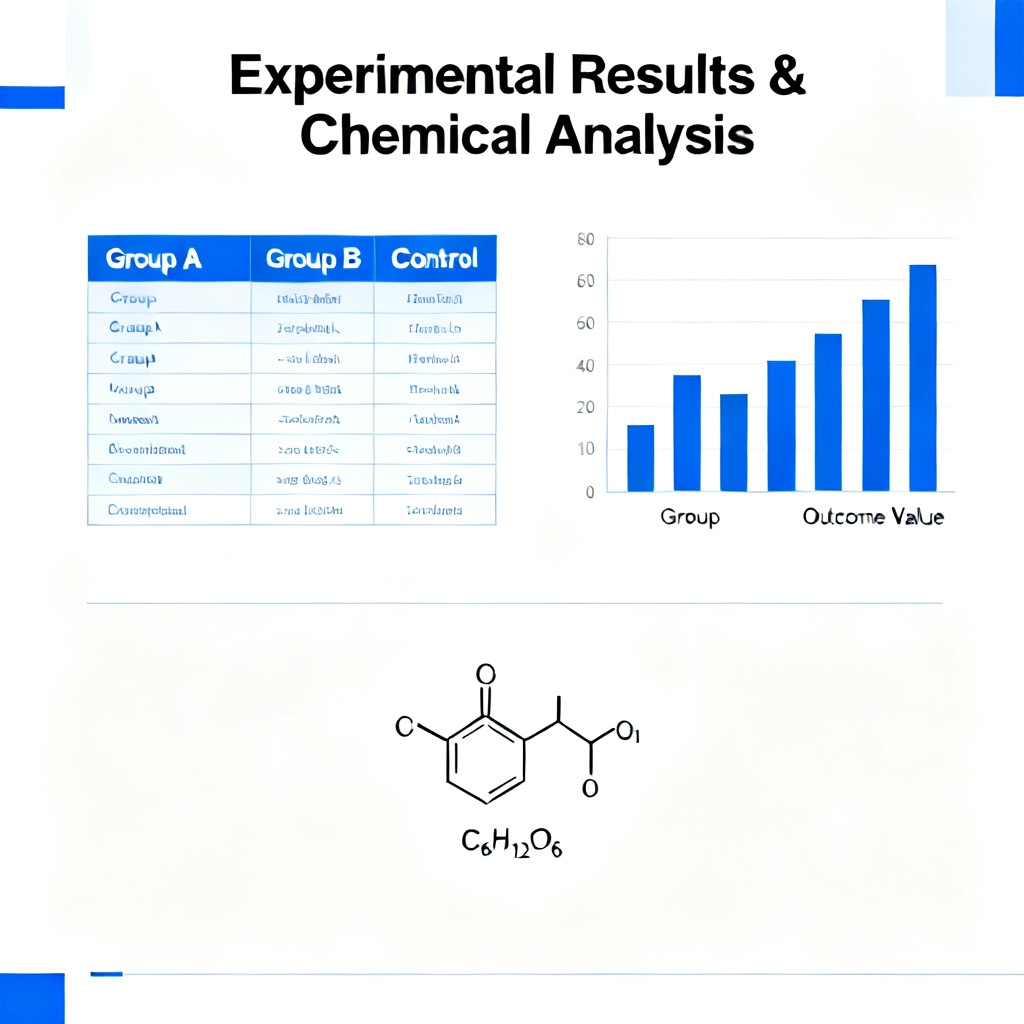 A clean academic slide with a data comparison table and a molecular formula, designed in a professional blue-white color scheme, suitable for thesis defense. The slide includes a bar chart comparing experimental groups and a correctly rendered chemical structure. Minimalist layout with clear fonts.