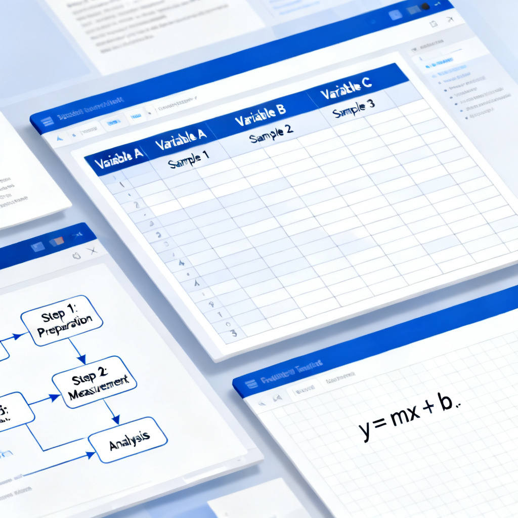 A realistic screenshot-style illustration of an academic PPT slide generated by an AI tool, featuring a complex data comparison table, a flow chart of experimental procedures, and a mathematical formula, all neatly arranged in a professional template