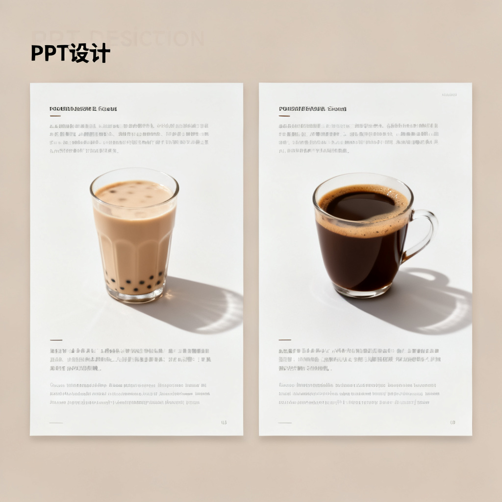 左侧:PPT页面中有一杯奶茶;右侧:同一页面中奶茶被替换为咖啡,光影和风格一致。