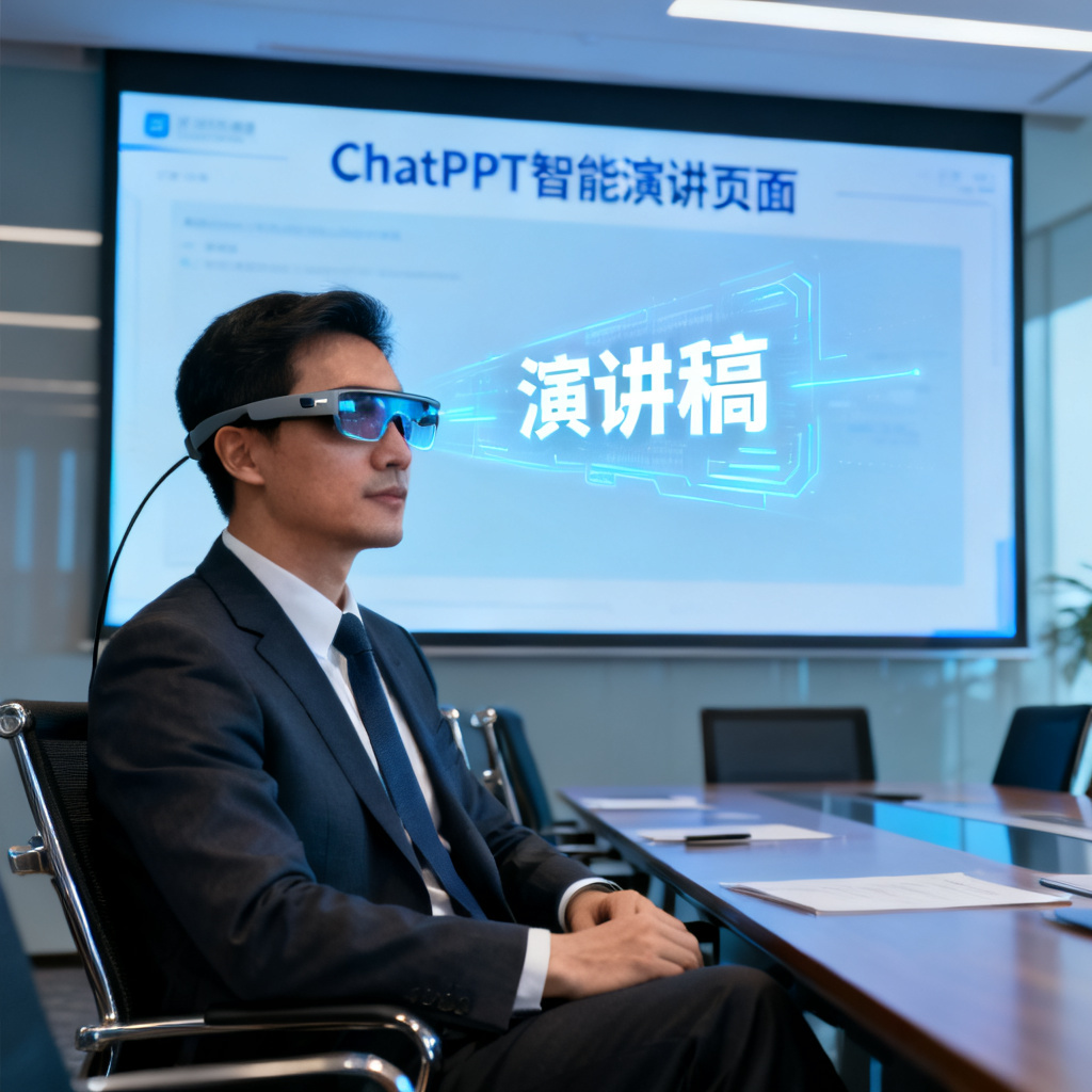 一位商务人士在会议室中佩戴AI智能眼镜，眼镜上投射出演讲稿的文字，背景是大屏幕显示ChatPPT的智能演讲页面，整体氛围科技感、高效。