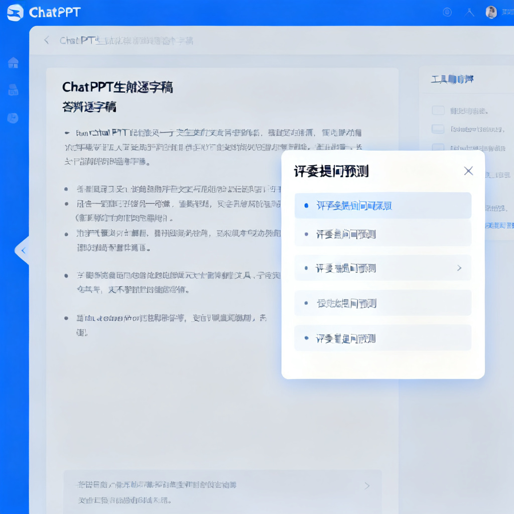 一张ChatPPT生成的答辩逐字稿截图,旁边有“评委提问预测”弹窗,风格简洁,突出功能。