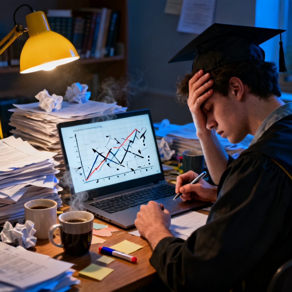 A frustrated graduate student sitting at a messy desk late at night, surrounded by stacks of printed papers and a laptop showing a confusing AI-generated PPT with broken graphs and missing data, the student’s hand rubbing their forehead in exhaustion
