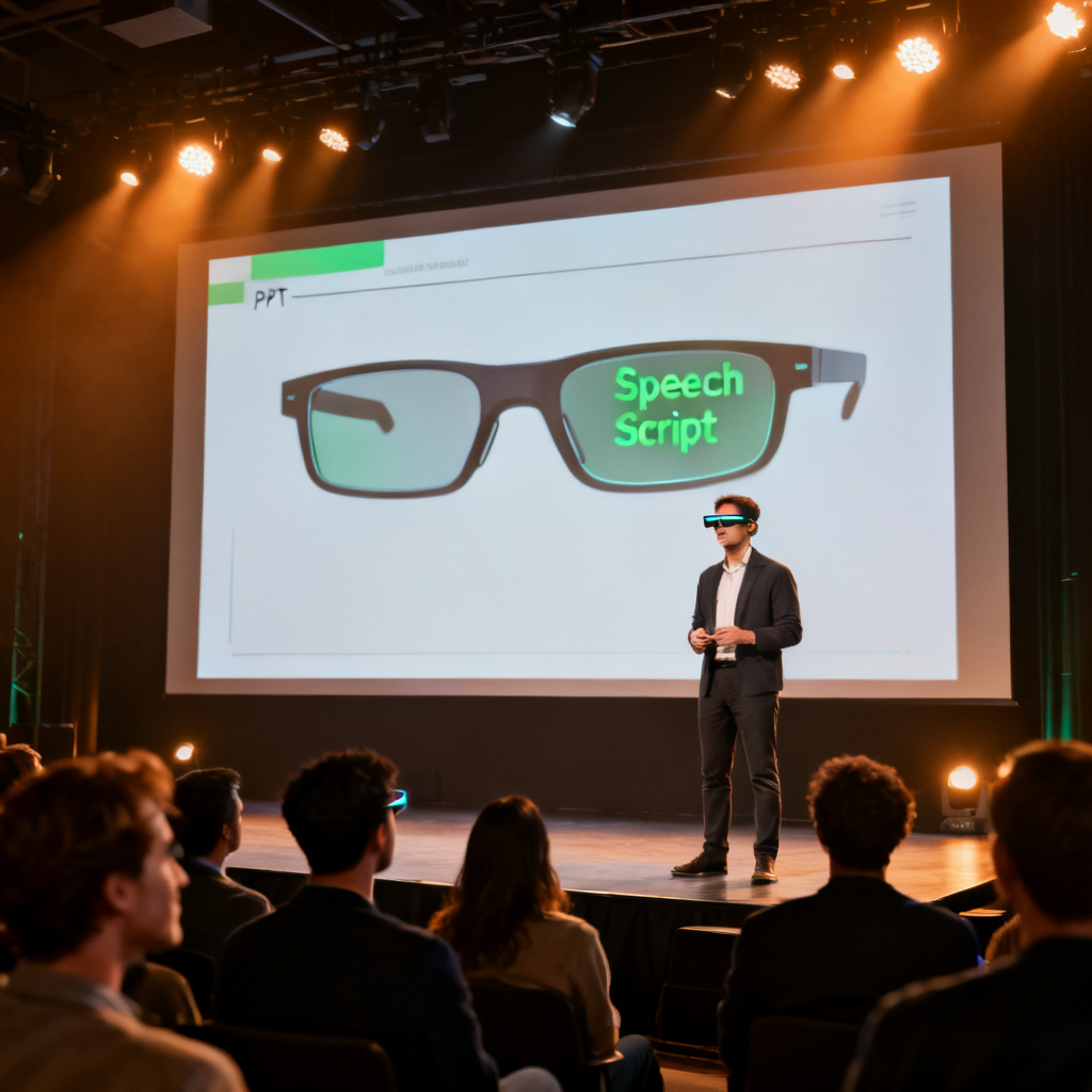 A presenter wearing smart glasses, standing on a stage with a large screen behind them showing a PPT slide. The glasses have a subtle green text overlay, indicating the speech script is being displayed. The audience is looking at the presenter with engaged expressions.