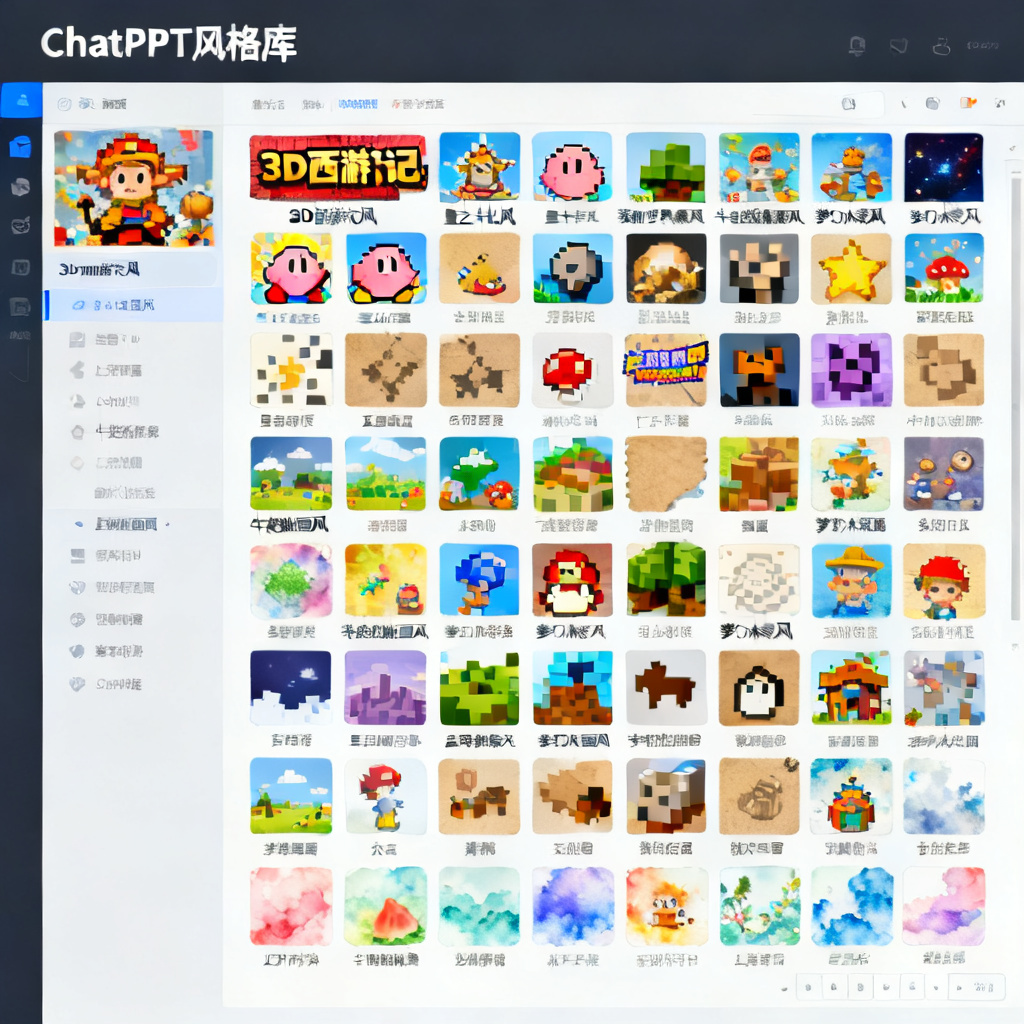 一张展示ChatPPT风格库的截图,包含“3D西游记风”、“星之卡比风”、“我的世界像素风”、“牛皮纸贴画风”、“梦幻水彩风”等上百种风格选项,每个风格配有预览缩略图。