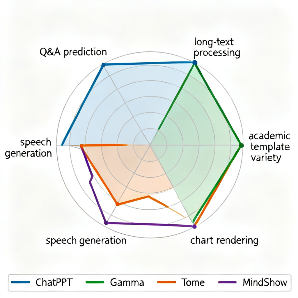 A radar chart comparing ChatPPT, Gamma, Tome, and MindShow across five dimensions: long-text processing, academic template variety, chart rendering, speech generation, and Q&A prediction. ChatPPT scores highest in all dimensions, while the other tools show significant gaps in academic-specific features.