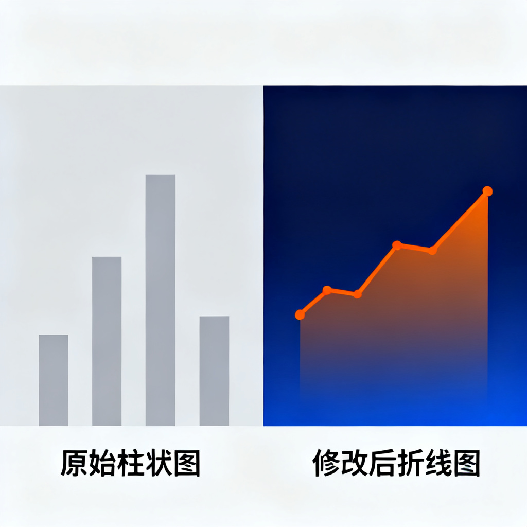 一张展示Magic涂画修改图表的对比图，左侧为原始柱状图页面（背景浅灰色），右侧为修改后的折线图页面（背景深蓝色渐变，折线颜色为亮橙色）