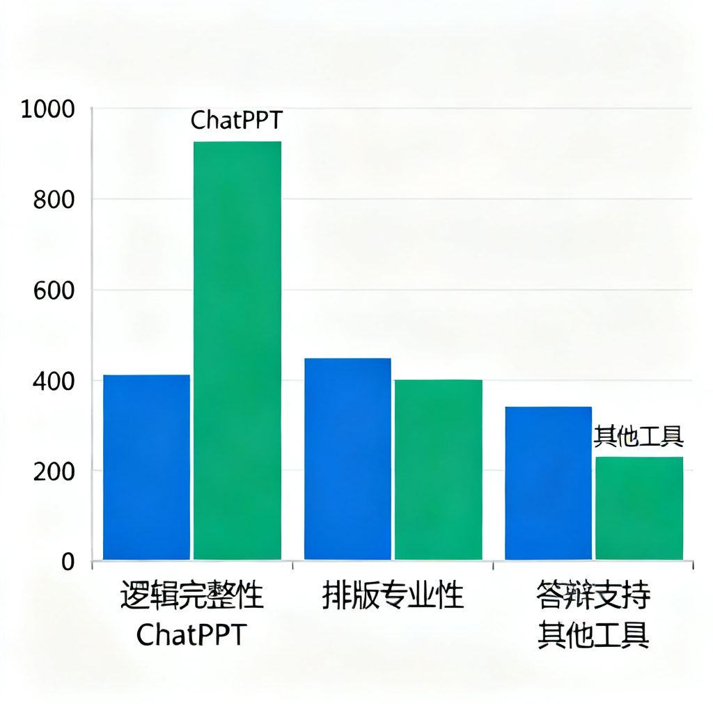 一张柱状图，对比ChatPPT与其他工具在“逻辑完整性”、“排版专业性”、“答辩支持”三个维度的评分，ChatPPT得分最高，其他工具得分较低，风格为数据可视化