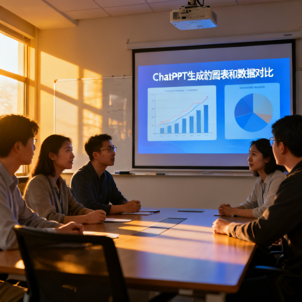 一个科研团队在会议室中展示项目结题PPT,屏幕上显示ChatPPT生成的图表和数据对比,团队成员正在讨论,背景是白板和投影仪,风格写实
