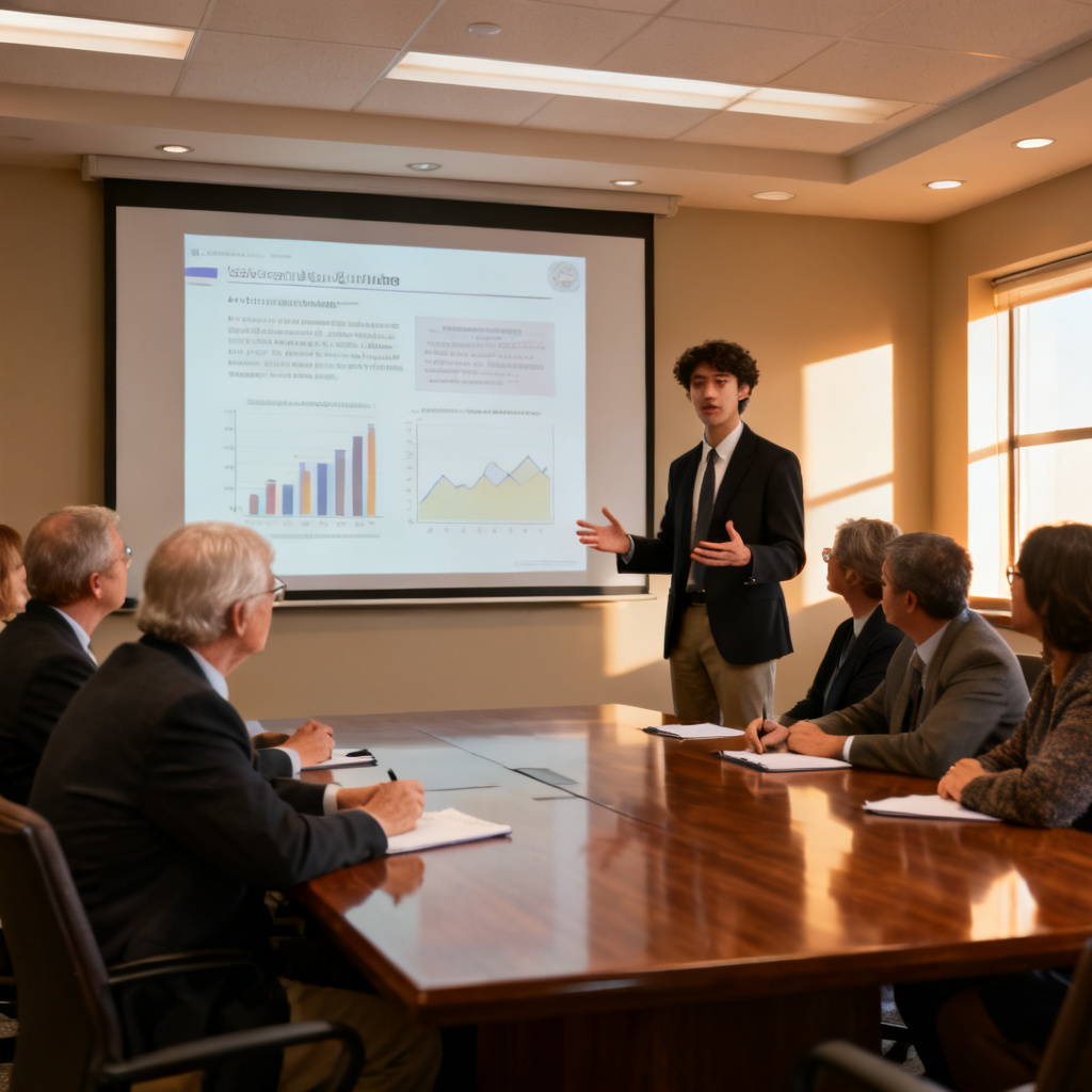 A confident PhD student presenting a PowerPoint on a large screen in a conference room, with a professor and committee members listening attentively, realistic style