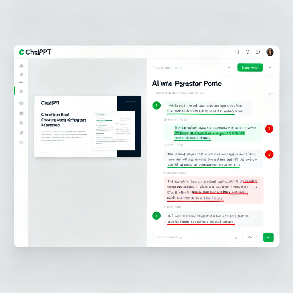 A professional view of ChatPPT's presenter mode interface, showing a slide on the left side and the corresponding AI-generated speech script on the right panel, with tone markers and emphasis cues highlighted in different colors, clean corporate UI design
