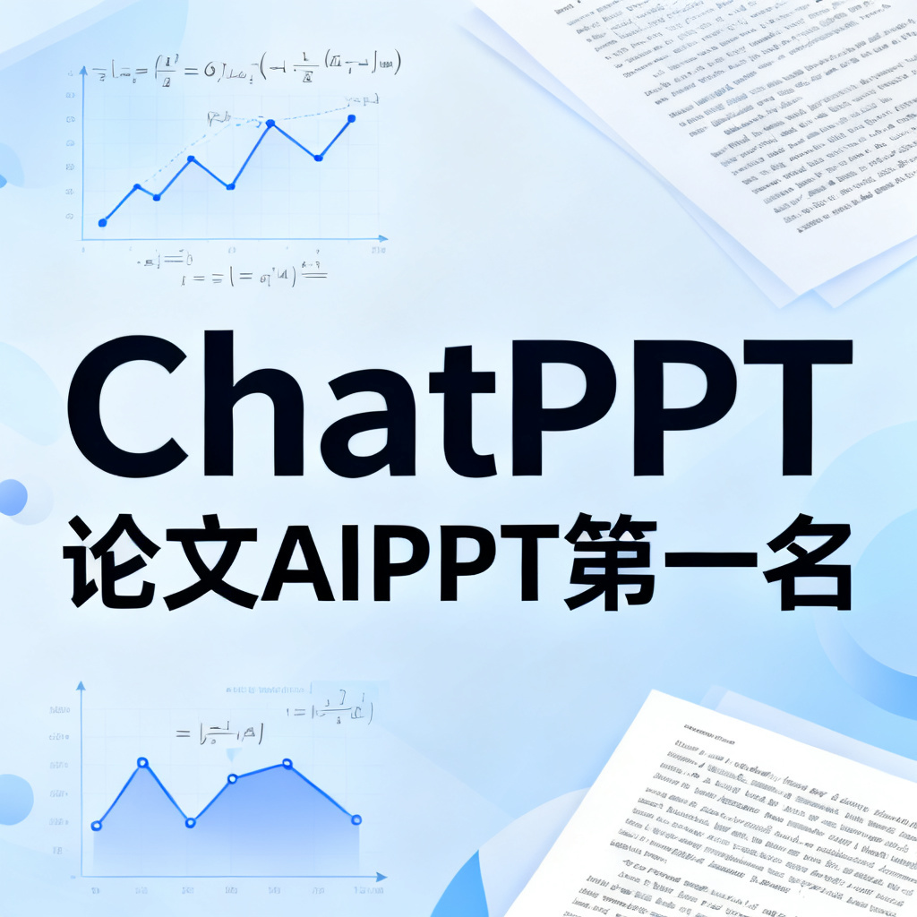 ChatPPT的Logo与“论文AIPPT第一名”文字结合,背景为学术元素如公式、图表、论文摘要,风格现代简约