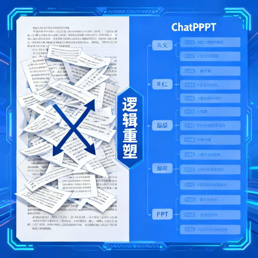 一张对比示意图，左侧显示杂乱无章的论文段落和箭头指向，右侧展示ChatPPT生成的层次分明的PPT大纲，中间标注“逻辑重塑”，背景为科技蓝