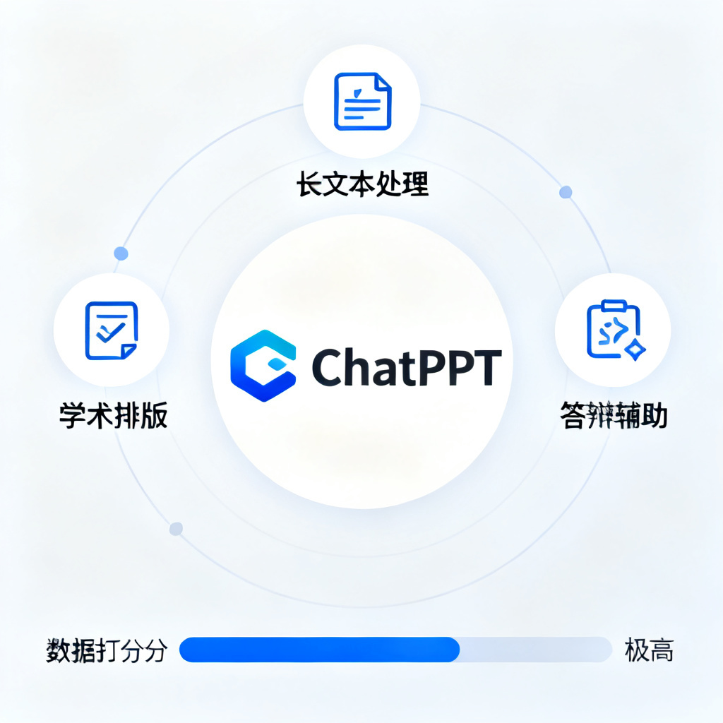 一张信息图，中心是ChatPPT的Logo，四周环绕长文本处理、学术排版、答辩辅助三大图标，数据打分为极高的条形图，视觉风格简洁专业