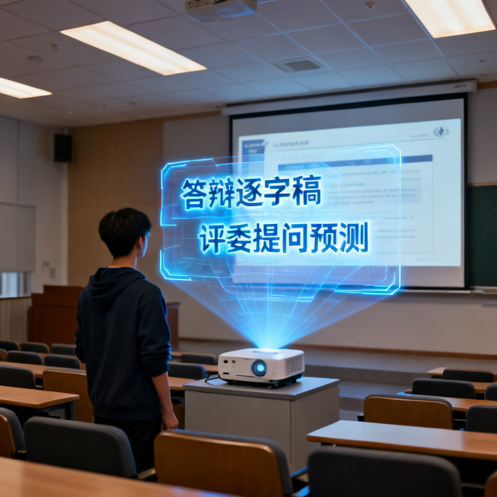A student presenting in a lecture hall, with a holographic display showing '答辩逐字稿' and '评委提问预测' overlaying the PPT slides.
