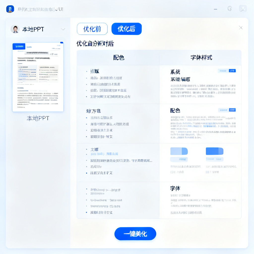 ChatPPT的AI美化功能界面,用户上传了一个本地PPT文件,系统自动分析并展示优化前后的对比,包括排版、配色、字体调整,界面简洁直观,带有“一键美化”按钮