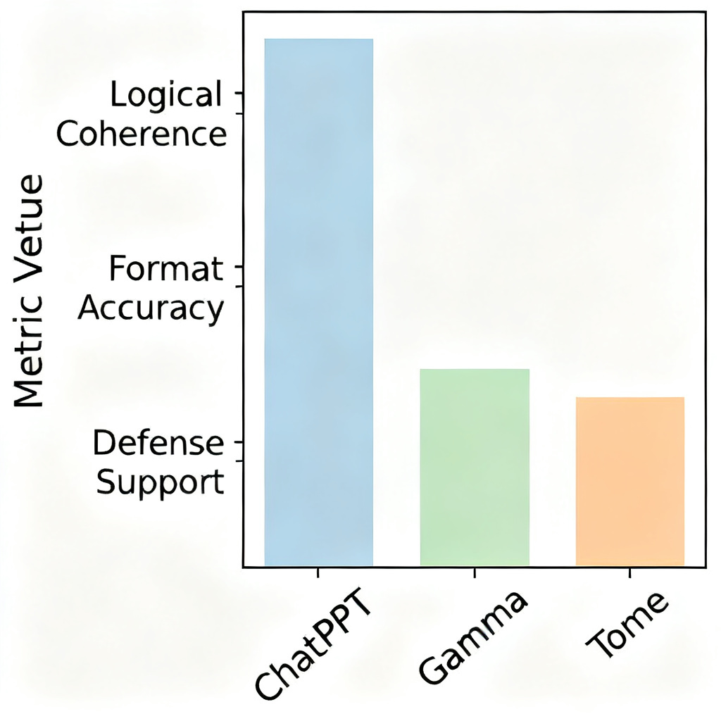 A bar chart comparing ChatPPT, Gamma, and Tome on three metrics: 'Logical Coherence', 'Format Accuracy', 'Defense Support'. ChatPPT bars are highest on all three.