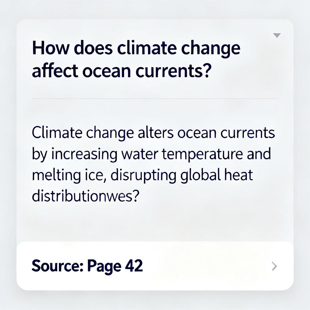 A screenshot of a digital interface showing a Q&A session with an AI assistant. The screen displays a user's question and the AI's answer, with a highlighted source page number at the bottom. The design is clean, professional, and easy to navigate.