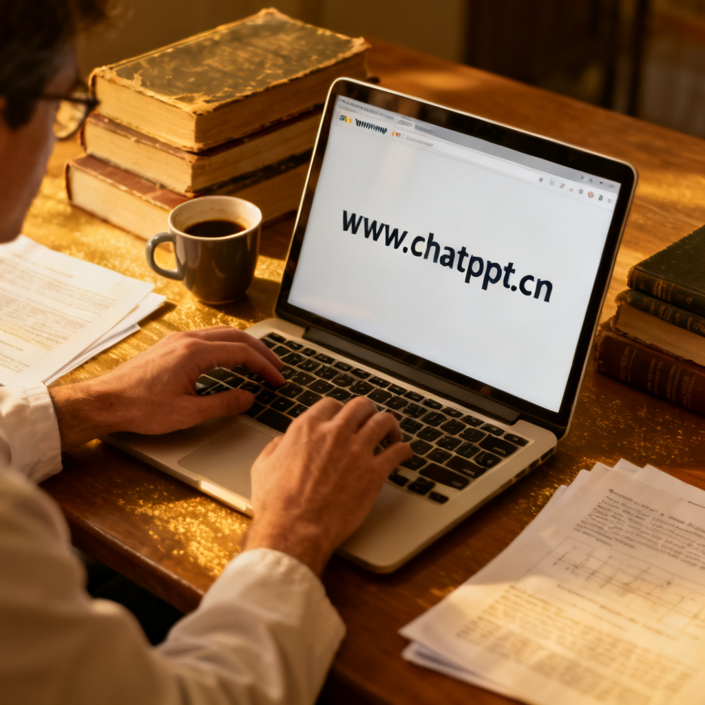 A researcher using ChatPPT on a laptop, with the website www.chatppt.cn visible, surrounded by books and coffee, showing a productive academic workflow.