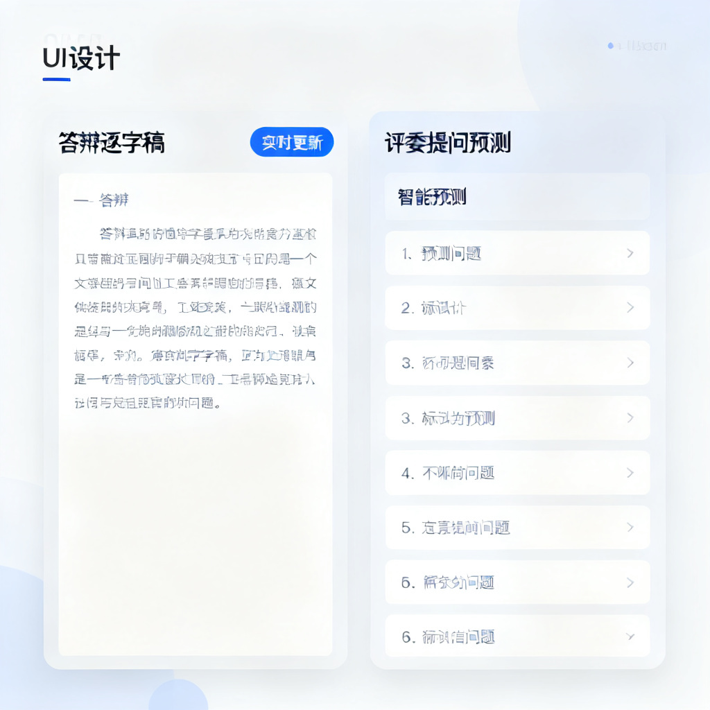 ChatPPT界面展示答辩逐字稿和评委提问预测功能，清晰布局，专业感，浅色主题