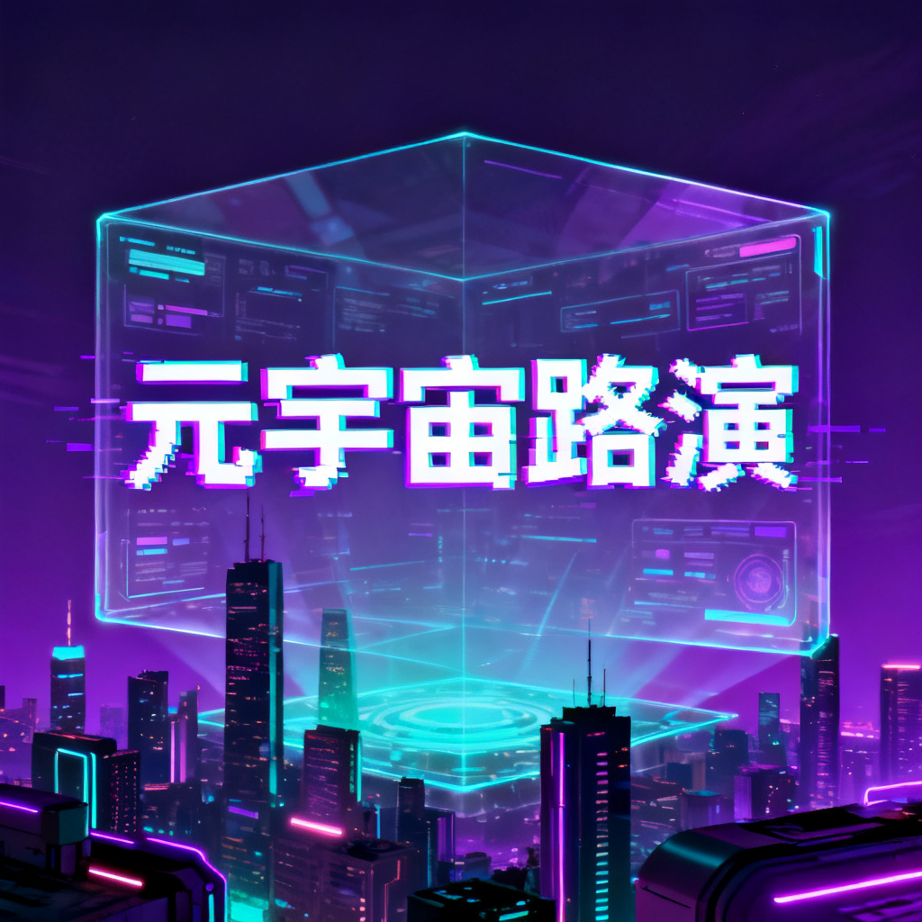 赛博朋克风格元宇宙路演PPT封面,霓虹灯光下的未来城市天际线,紫色与青色为主色调,全息投影技术展示虚拟现实界面,故障艺术字体标题,整体充满科技感与未来主义