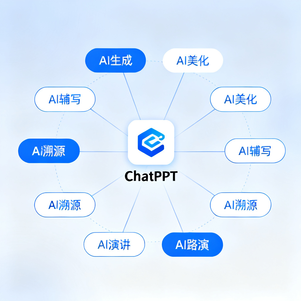 一张信息图,展示ChatPPT的8大核心模块(AI生成、AI美化、AI辅写、AI溯源、AI演讲、AI路演等)围绕中央的“ChatPPT”图标,模块之间有连接线,整体风格简洁专业
