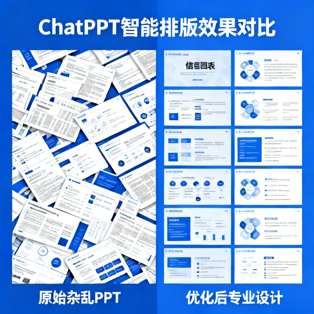 ChatPPT的智能排版效果对比图，左边是原始杂乱PPT，右边是优化后的专业设计