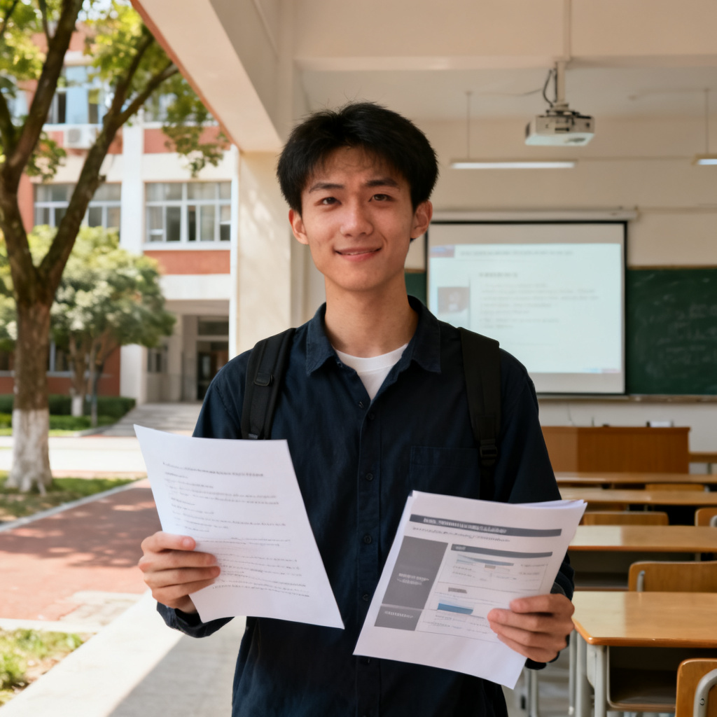 一个学生拿着论文和PPT,表情从焦虑转为自信,背景是大学校园和答辩教室,风格写实