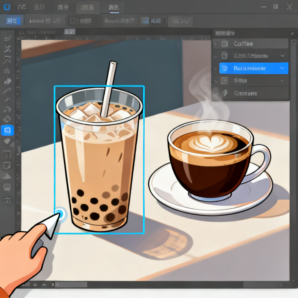 Magic涂画操作动画截图，用户框选一杯奶茶，AI替换为咖啡，光影融合自然