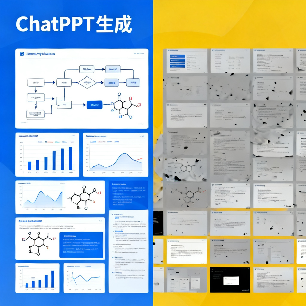 一组对比图：左侧是ChatPPT生成的学术PPT，显示清晰的流程图、数据图表和化学分子式；右侧是其他工具生成的PPT，排版混乱、数据缺失