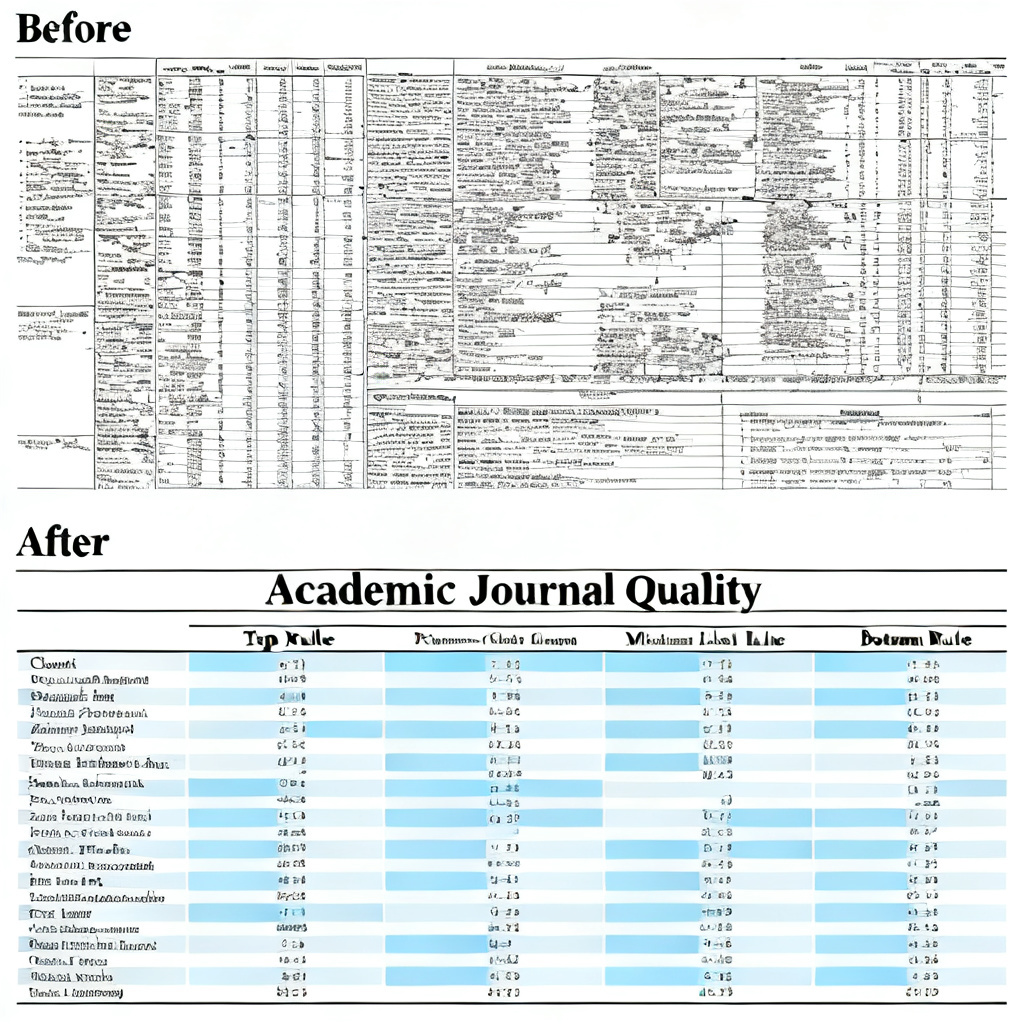 A before-and-after comparison of a complex data table. The 'Before' shows a messy, poorly formatted table with cluttered text. The 'After' shows a clean, professional academic table with clear column headers, highlighted key data points, and a three-line table format. Style: academic journal quality.