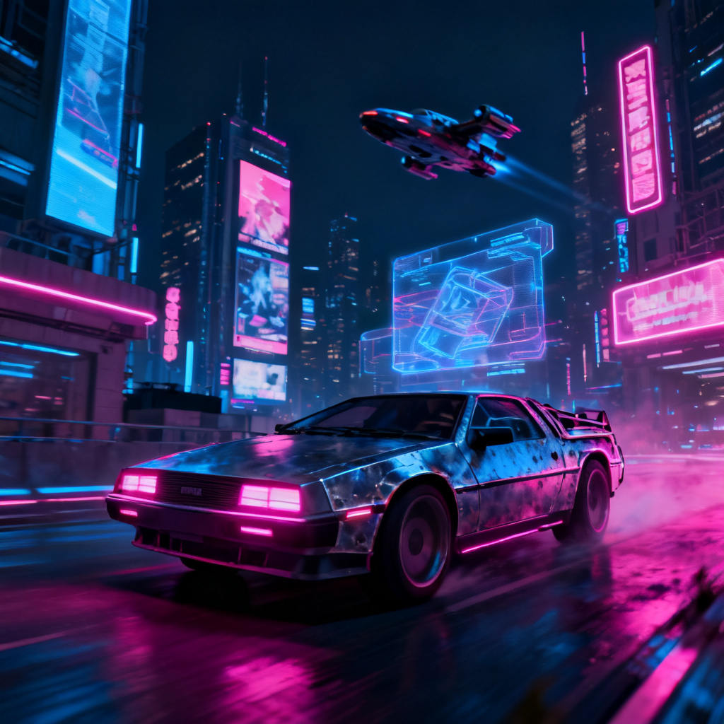 A futuristic cyberpunk cityscape with neon signs, holographic advertisements, and flying cars, rendered in a dark blue and magenta color palette, with metallic textures and glowing edges, suitable for a presentation slide background.