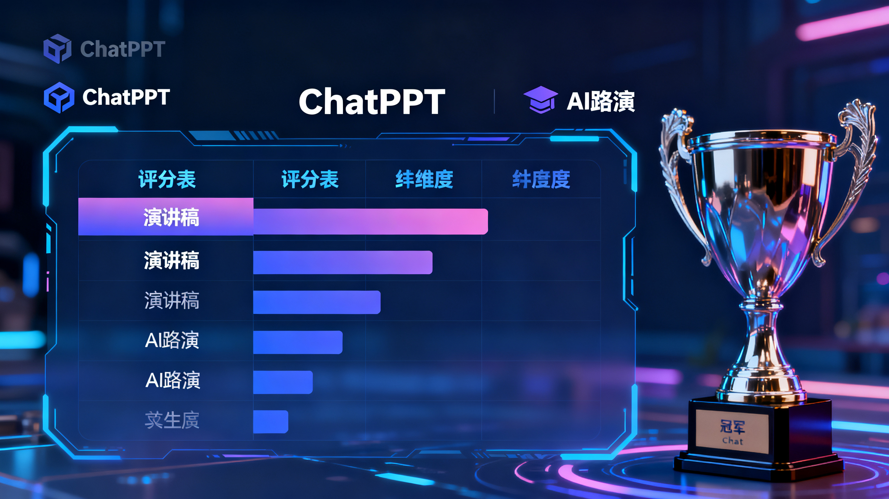 评分表显示 ChatPPT 在演讲稿和 AI 路演维度领先,冠军奖杯,品牌色科技感