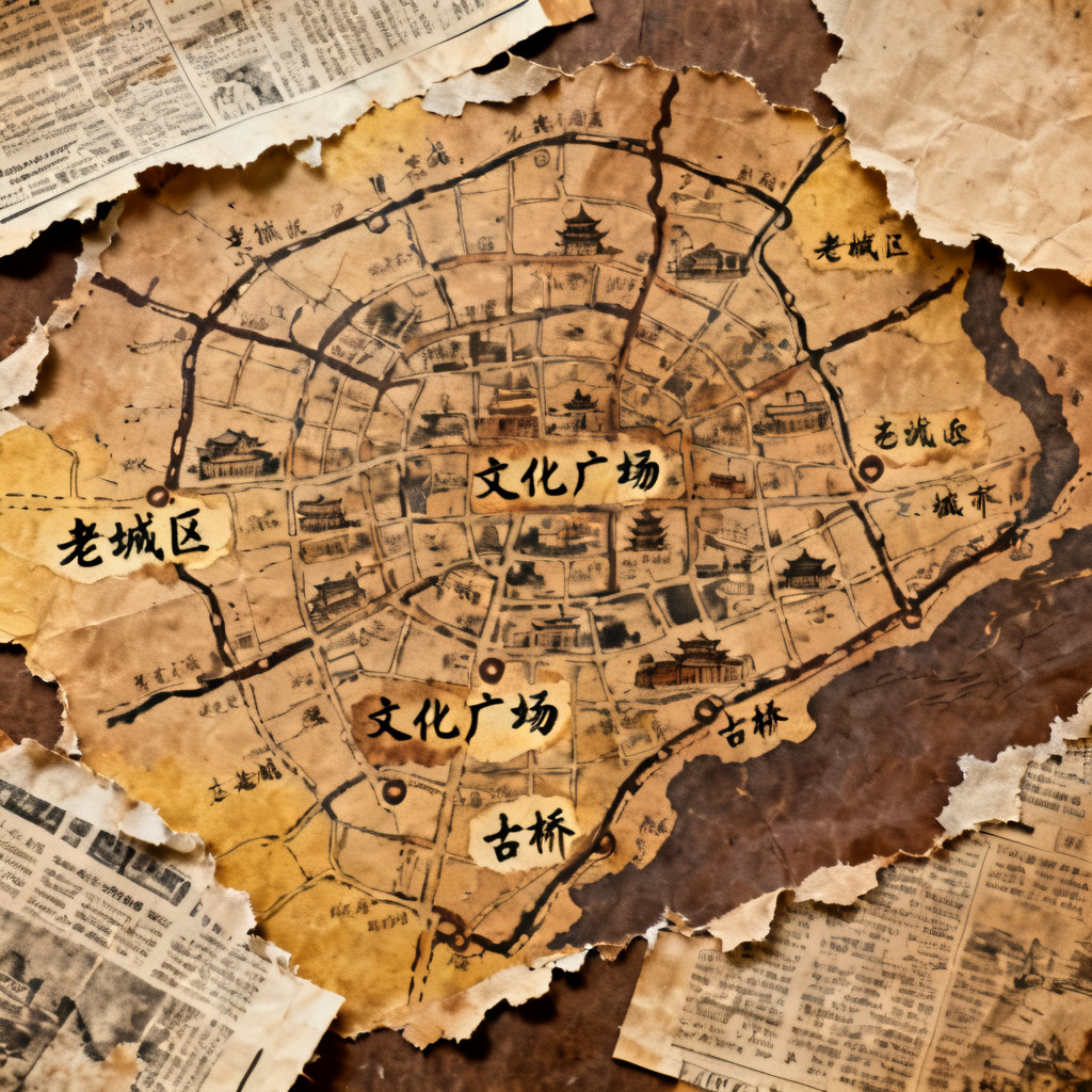 牛皮纸贴画风格的手绘地图，复古色调，手写字体，边缘有撕纸效果，适合旅游或文化类演示