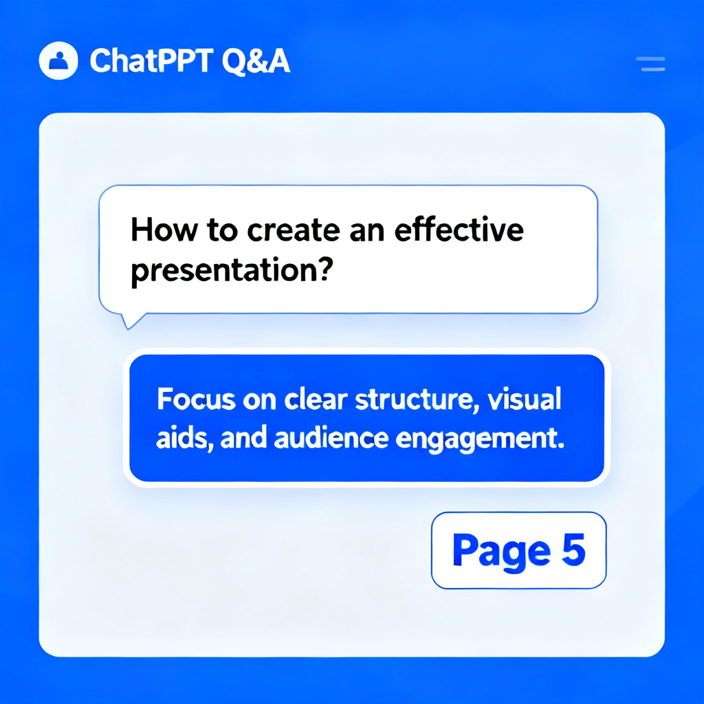 A screenshot of ChatPPT's Q&A interface showing a user question, AI answer, and a highlighted page number linking back to the source slide, clean UI design, blue and white color scheme