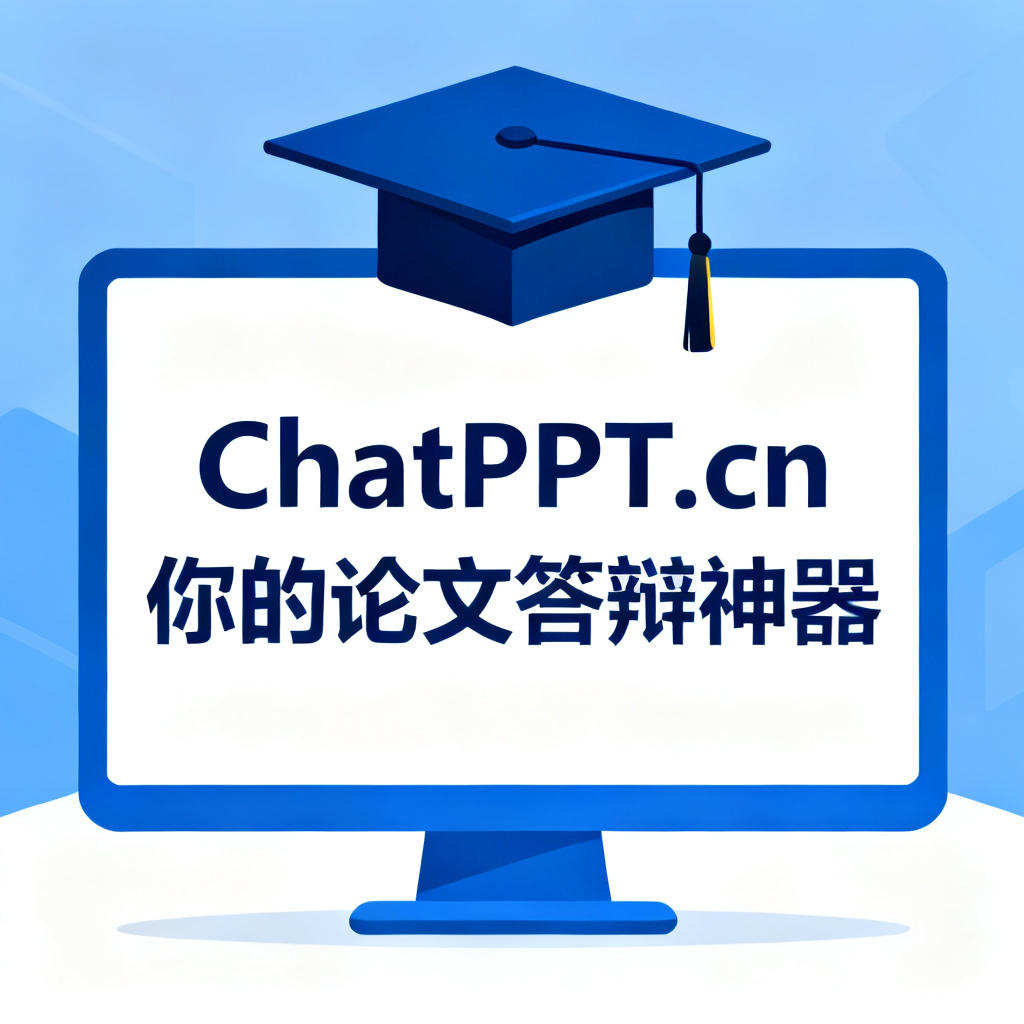 一张简洁的广告图,文字“ChatPPT.cn 你的论文答辩神器”,背景为毕业帽和电脑