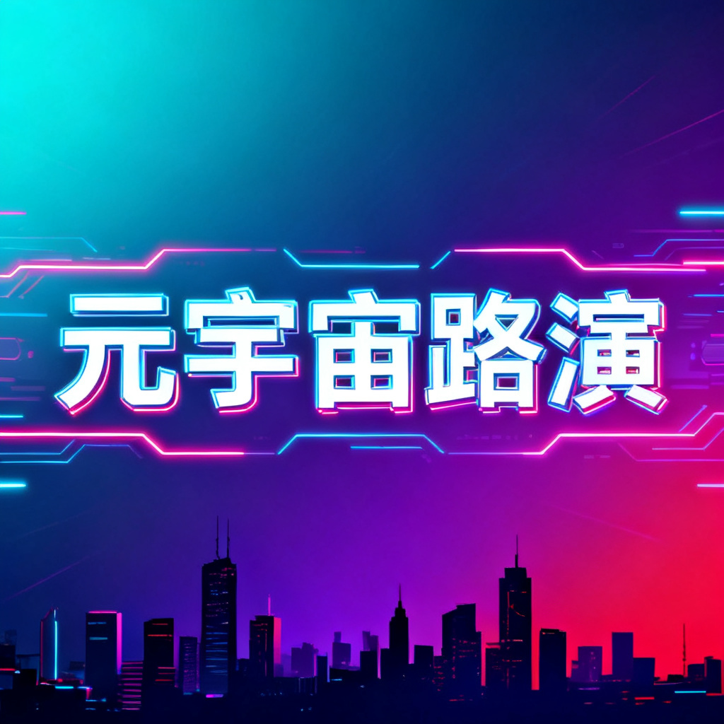 赛博朋克风格元宇宙路演PPT封面，主色调青蓝与紫红，霓虹灯光效，城市剪影，科技感字体，分辨率4K