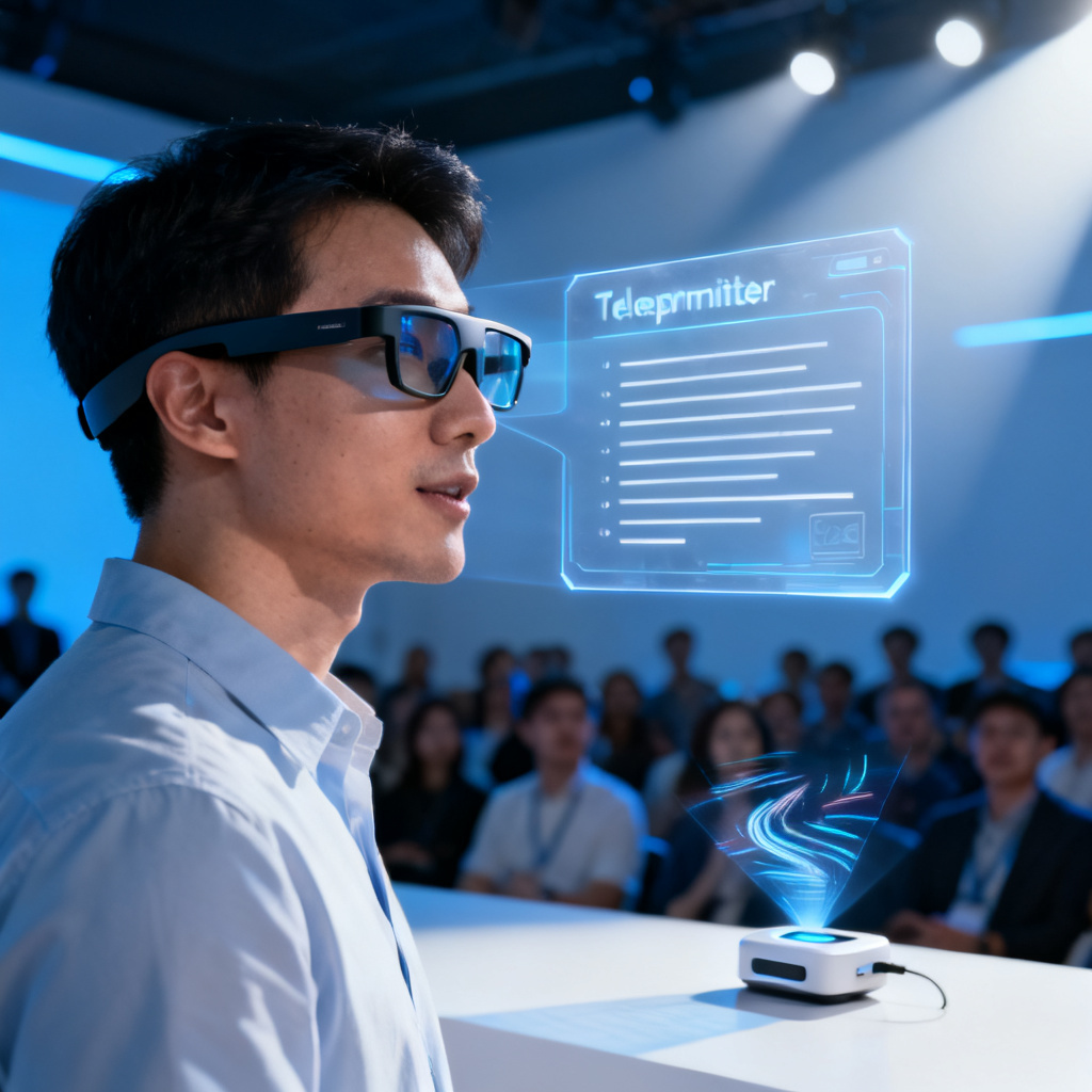 A tech professional wearing AR smart glasses, with a floating transparent teleprompter showing speech outline in front of eyes. Background shows an audience watching a dynamic presentation projected from a small device.