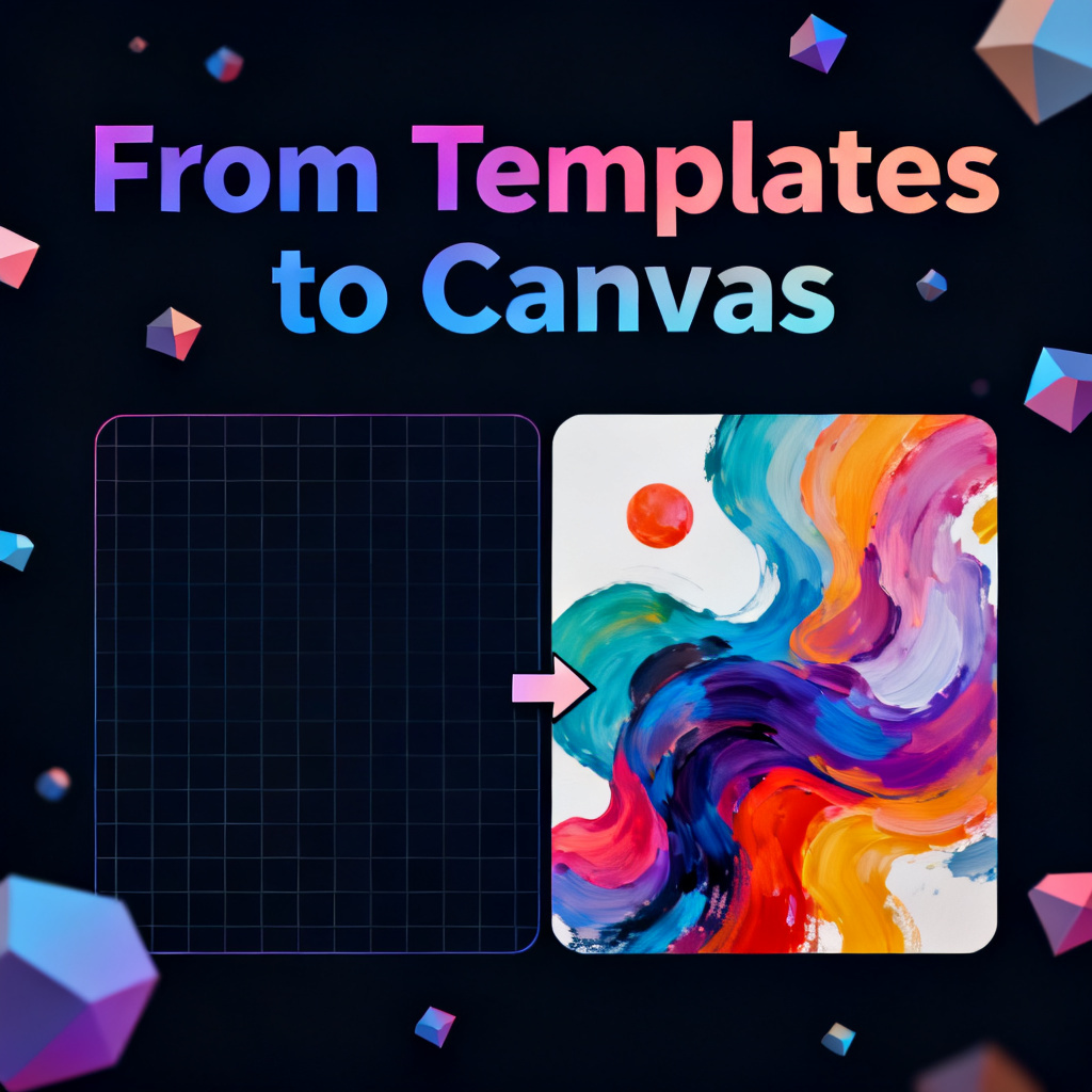 A final concluding slide with a bold headline 'From Templates to Canvas' in gradient typography, featuring a split-screen visual: left side shows a generic, template-based slide with rigid grid lines, right side shows a fluid, painterly slide with organic shapes and vibrant colors, with a subtle arrow connecting the two sides, all set against a dark background with floating geometric particles