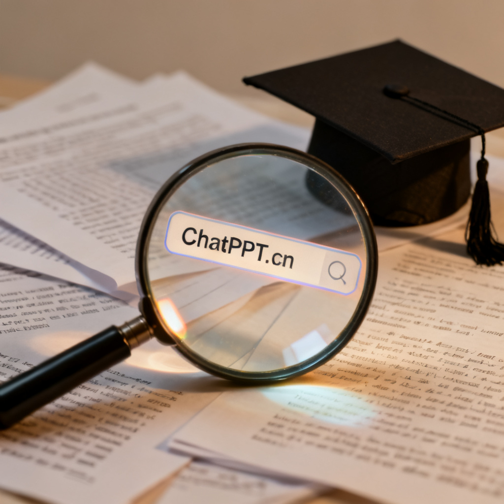 A magnifying glass focusing on the words 'ChatPPT.cn' in a search bar, with a background of academic papers and a graduation cap, symbolic style