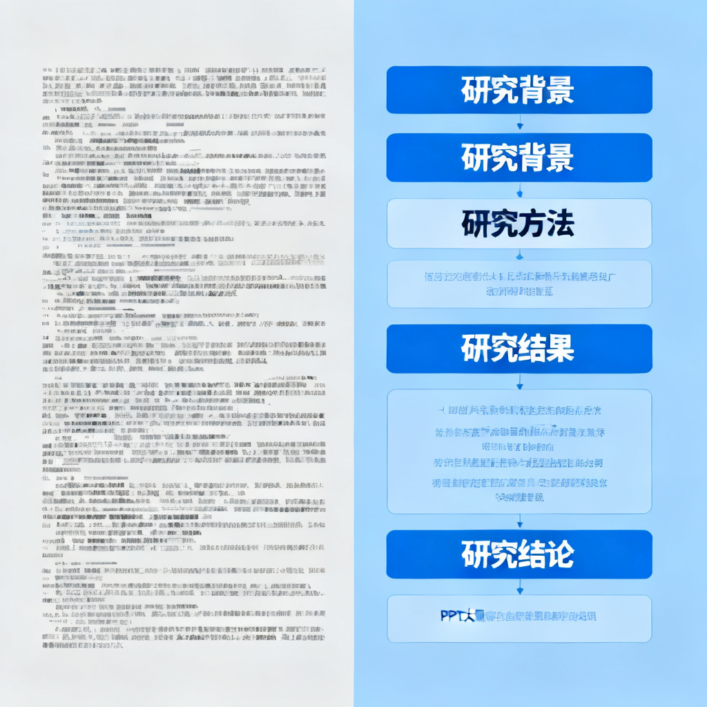 一张对比图,左侧显示混乱的文本堆砌和缺失的关键数据,右侧显示清晰的结构化PPT大纲,包含研究背景、方法、结果、结论等模块,体现逻辑重塑