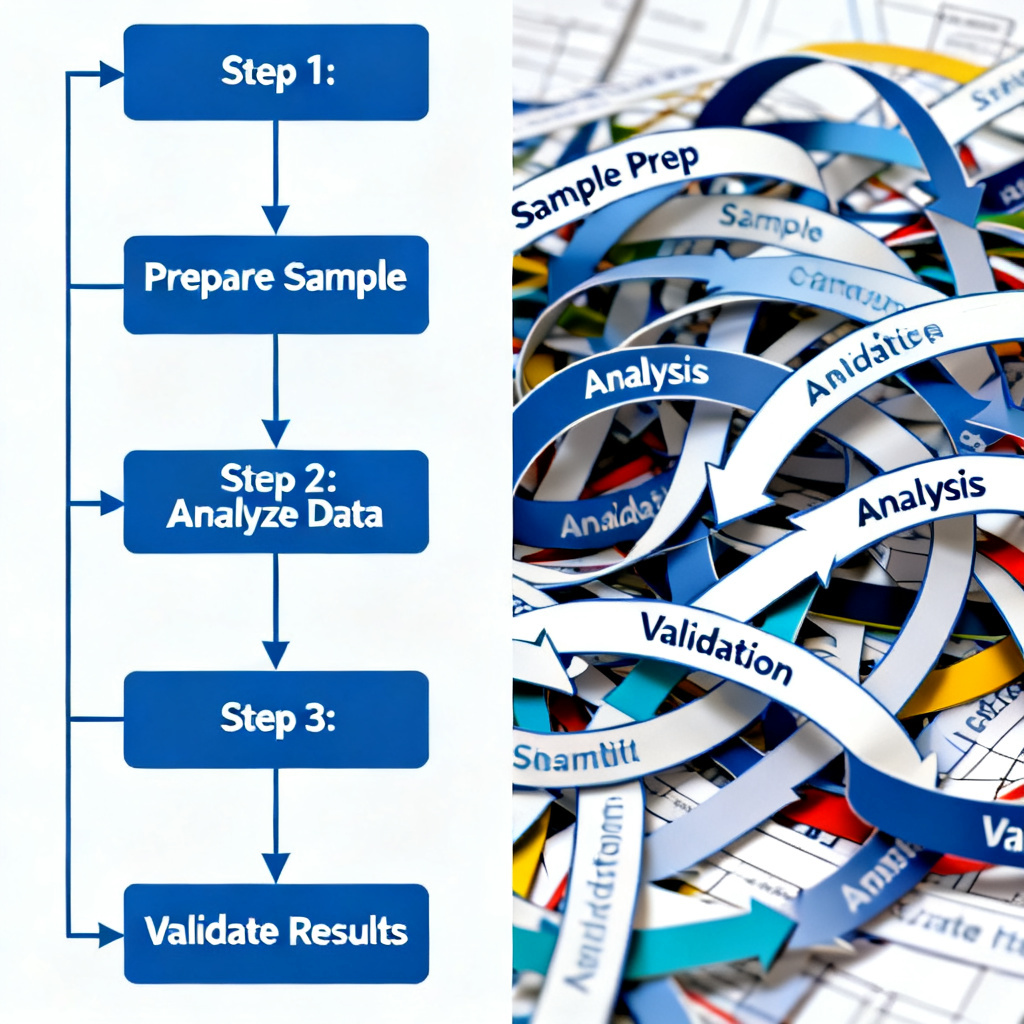 A clean, academic-style experimental flowchart with clear arrows and labels, compared to a cluttered, confusing flowchart with overlapping elements.