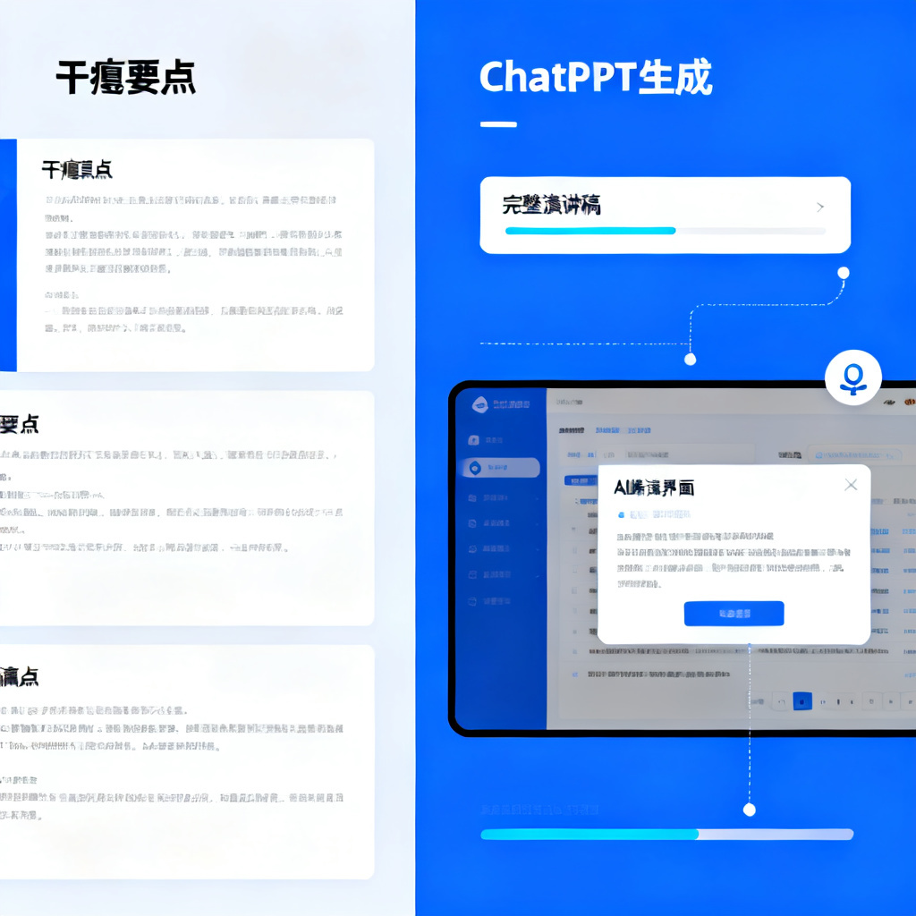 一张对比信息图，左侧是传统PPT的干瘪要点，右侧是ChatPPT生成的完整演讲稿与AI路演界面，风格为清晰的信息图表