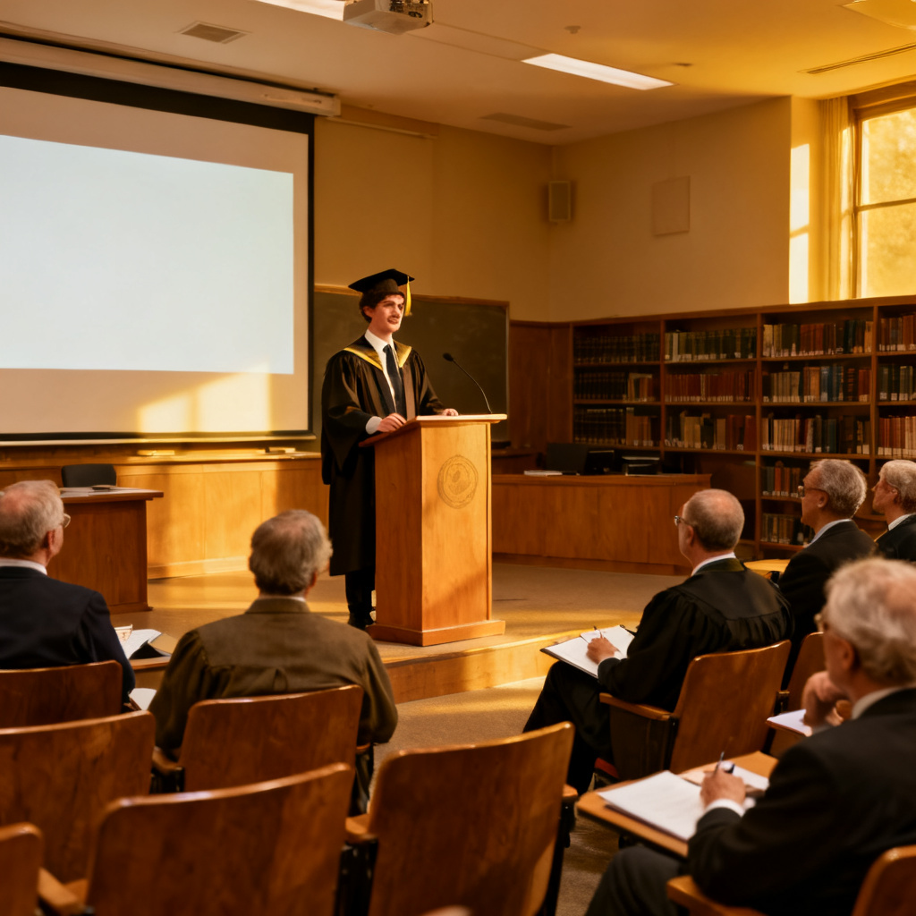 A student presenting a thesis defense in a lecture hall, with a confident expression, audience of professors, academic atmosphere, realistic style