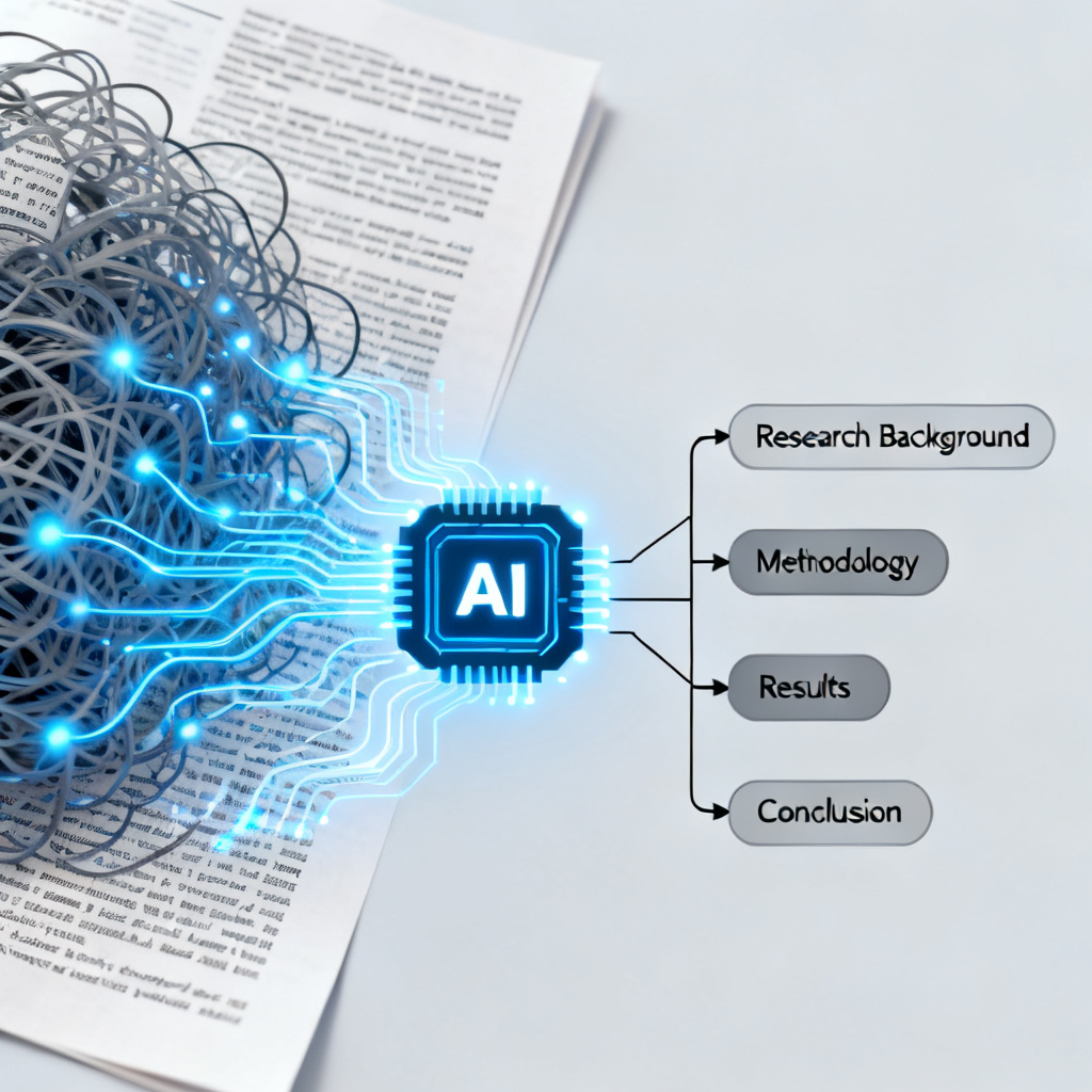 Abstract visualization of a dense academic paper with complex text being processed by an AI algorithm, transforming into a structured, hierarchical presentation outline with clear logical flow arrows connecting research background, methodology, results, and conclusion