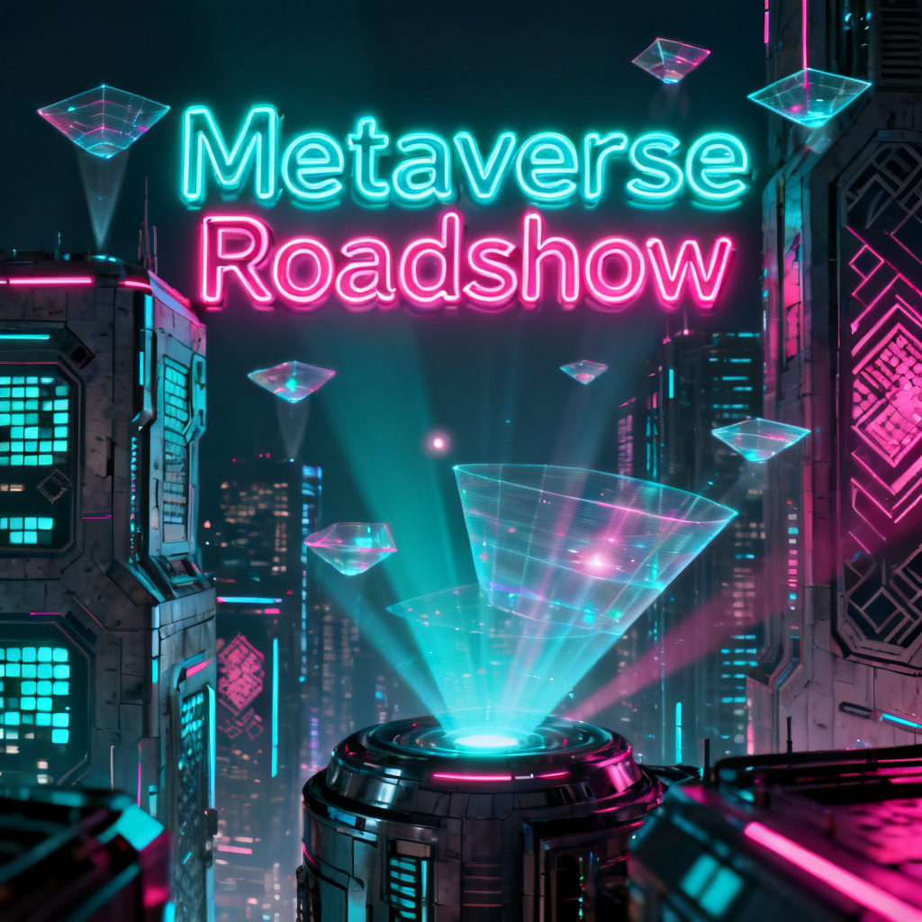 A cyberpunk-style presentation cover for a Metaverse roadshow, featuring neon tube typography, holographic projection elements, a futuristic cityscape background, high-contrast color palette with cyan and magenta, intricate details on building facades, volumetric lighting effects.